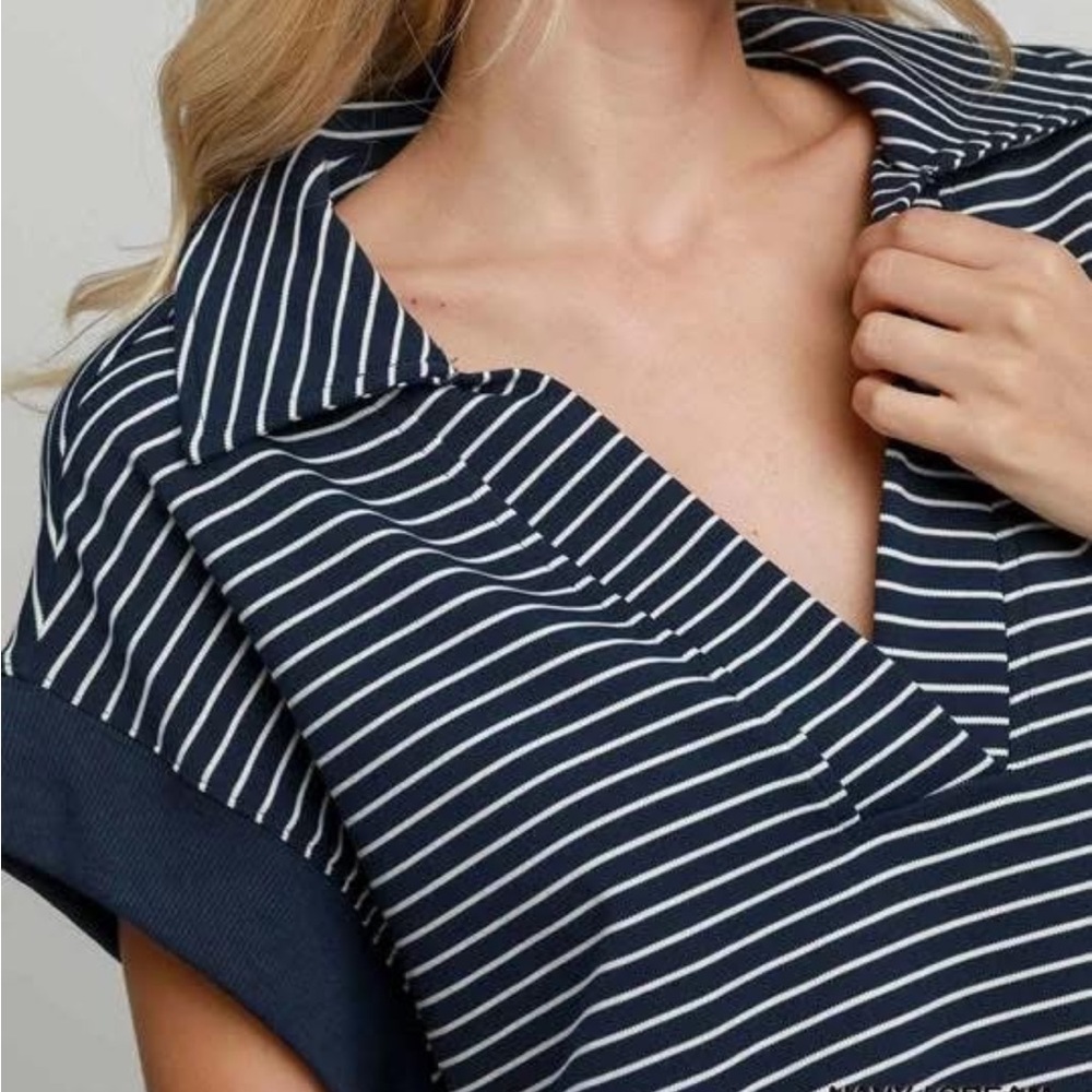 Striped Polo Sweatshirt Navy Blue and White Ribbed Cap Sleeves Cotton Umgee NWT
